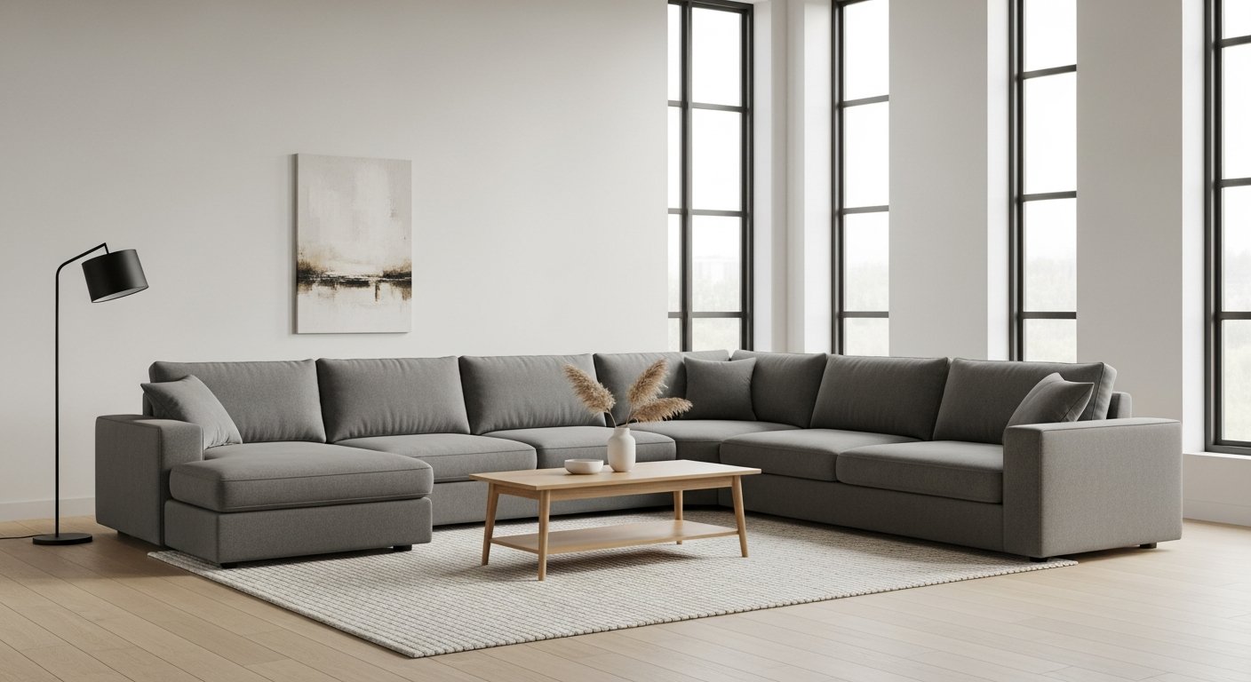 Modern minimalist living room with gray sectional sofa