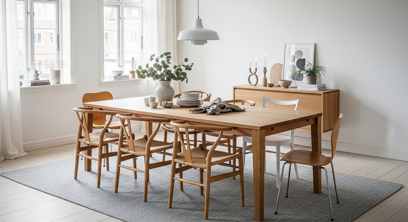 Scandinavian style dining room with oak table
