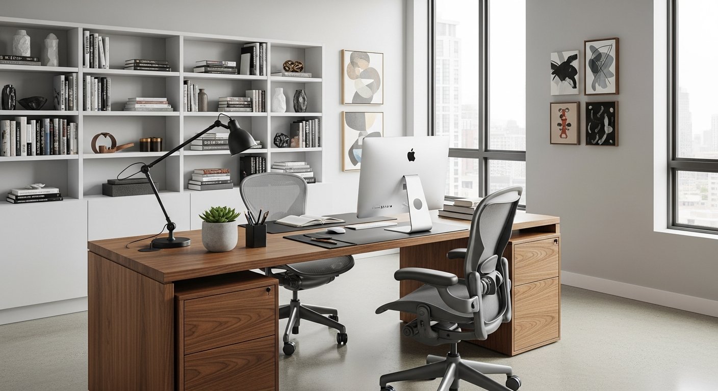 Modern home office with walnut desk