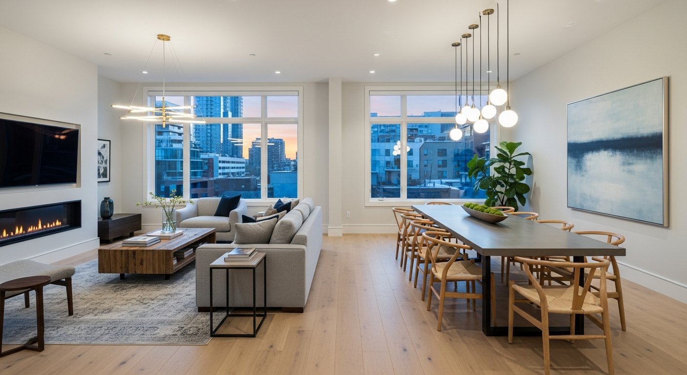 Open concept living and dining area