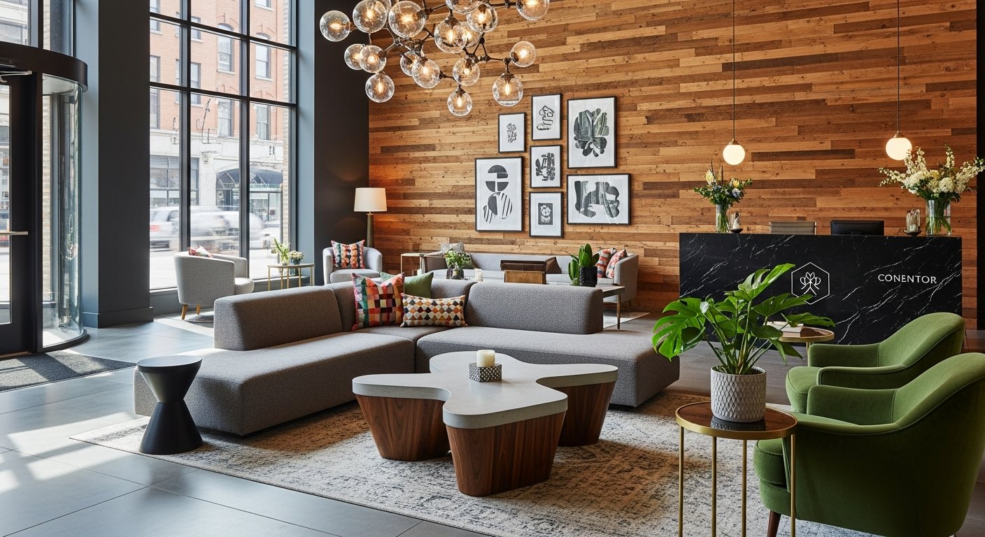 Boutique hotel lobby furnished with modern pieces