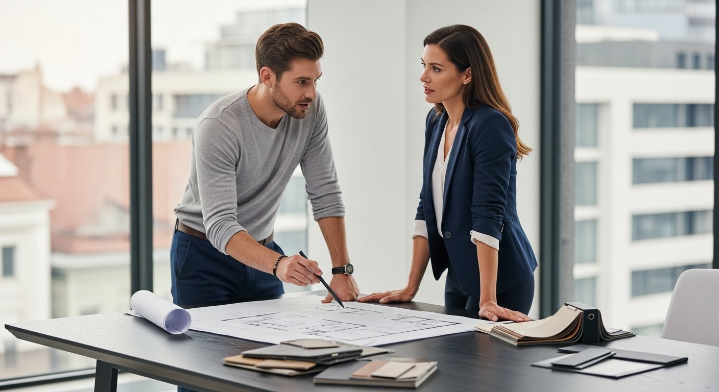 Designer discussing furniture layout with client